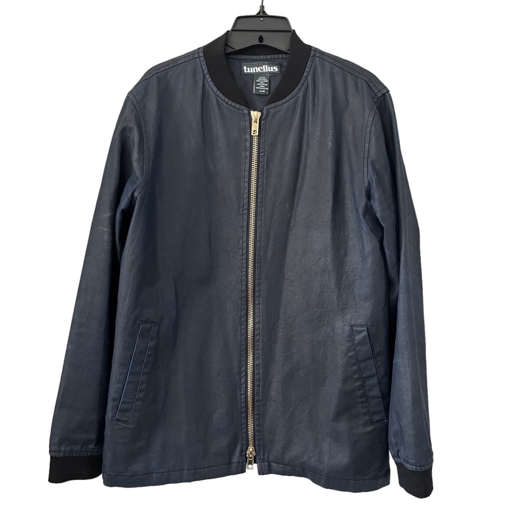 Tunellus‎ Jacket Mens Medium Navy Blue Bomber Coated Denim Lined Full Zip Cotten